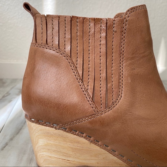 Kelsi Dagger “Jax” Tan Leather Wooden Wedge Booties - Picture 2 of 6